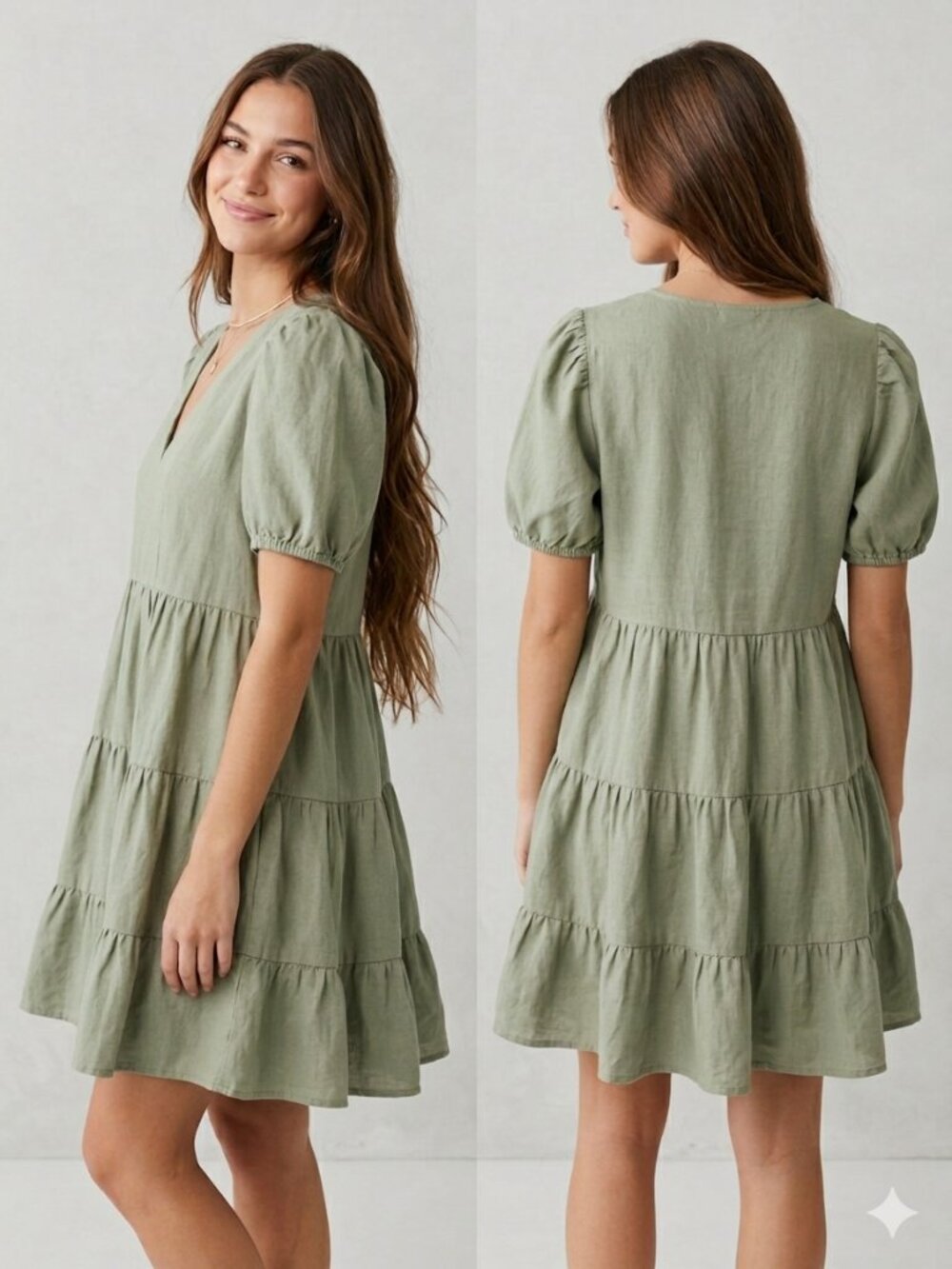Zara Linen Blend Tiered Mini Dress Sage Green Khaki Puff Sleeve V-Neck Size M